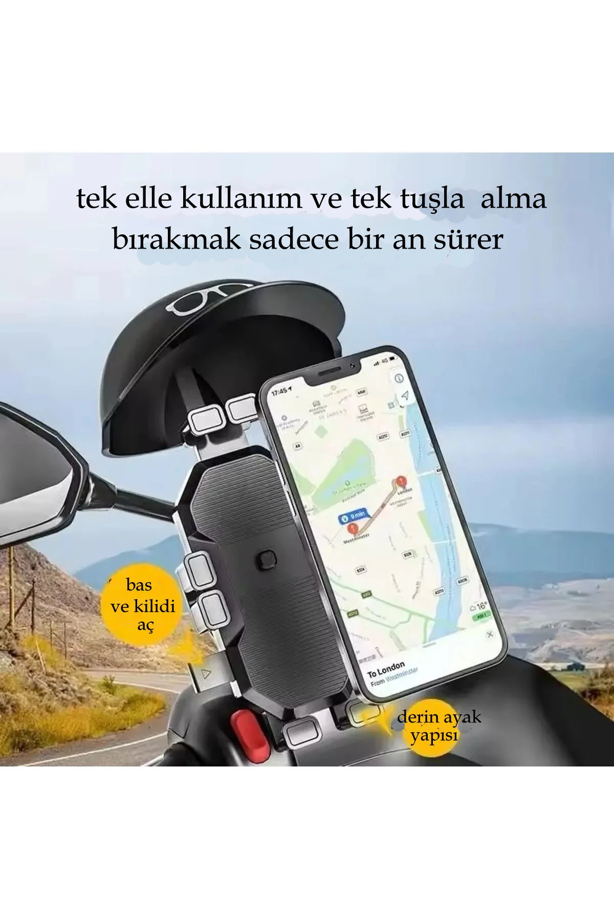 Otomatik Tuşlu Şapkalı Motorsiklet Bisiklet Telefon Tutacağı Ayna ve Gidon Bağlantılı
