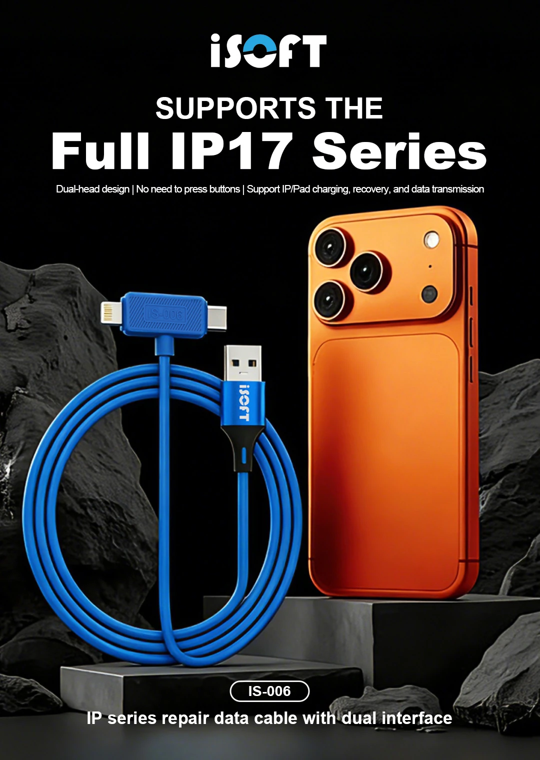ISOFT IS-006 Çift Arayüzlü Veri Kurtarma Kablosu, iPhone 17 Serisi / iPad Yazılım Yükleme ve Veri Aktarımı için