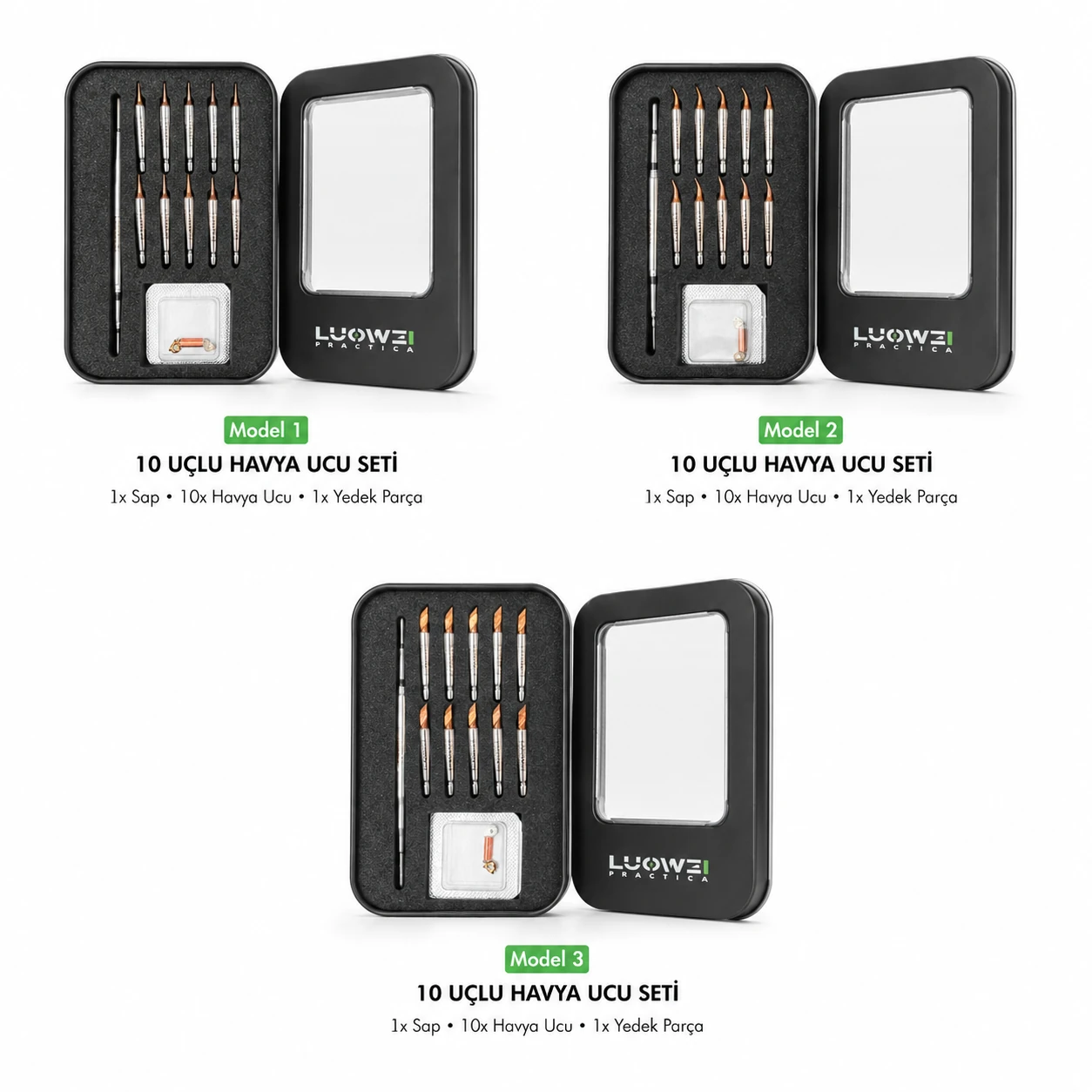 LUOWEİ C210 HAVYA UCU SET ULTRA İNCE DÜZ SİVRİ, YAMUK SİVRİ, KESİK BALTA ( 10’LU PAKET HALİNDE TOPLAM 30 UÇ 3 SAP )