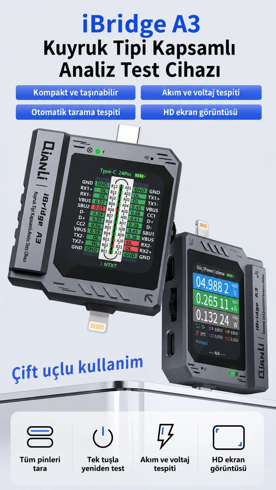 Qianli iBridge A3 Lightning ve Type-C Arayüz Cihazları için Kapsamlı Analiz Test Cihazı