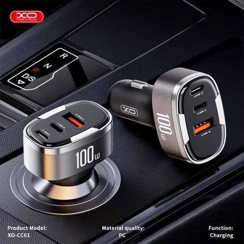 CC61 100W USB-C (TYPE-C) | Lightning | USB-A 3 Çıkışlı Voltaj Gösterge Ekranlı Araç içi Şarj Aleti Adaptör
