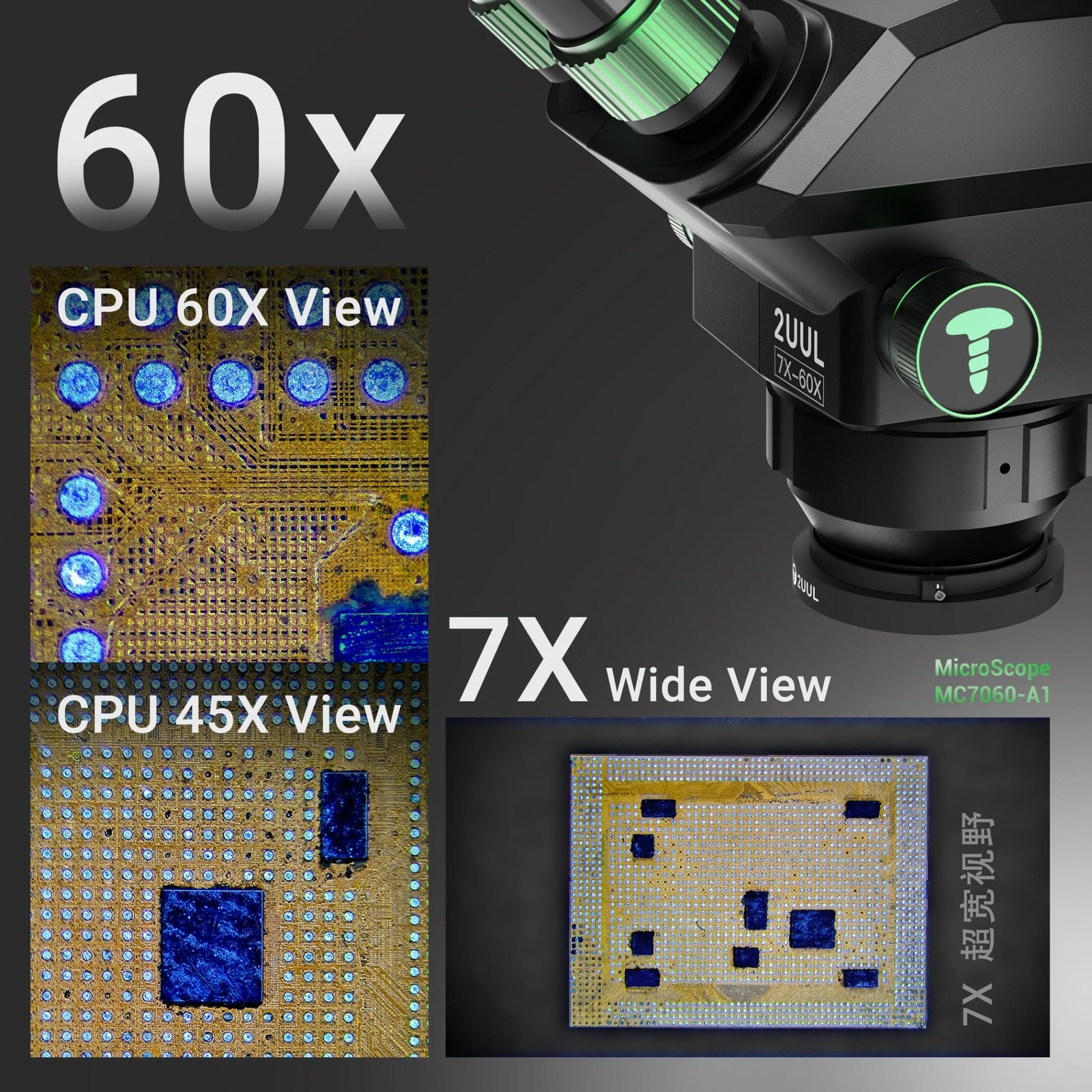 2uul MicroScope MC7060-A1 7-60X Senkron Zoomlu Trinoküler Mikroskop, PCB Mikro İşlemleri İçin